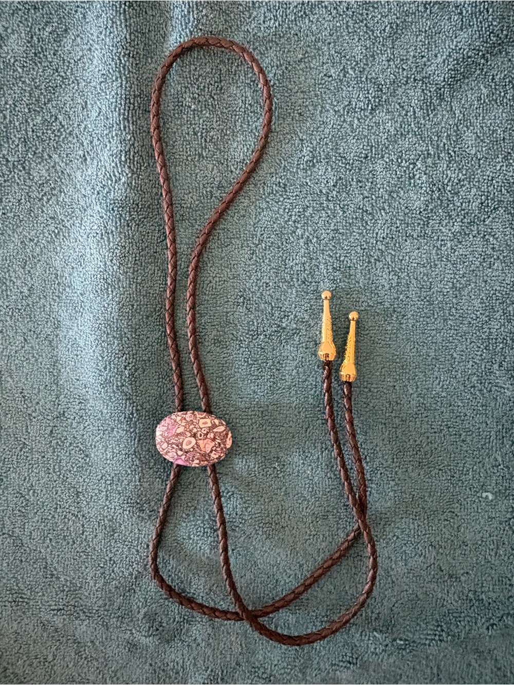 Brown Braided Leather Bolo Tie with Pink Floral Slide